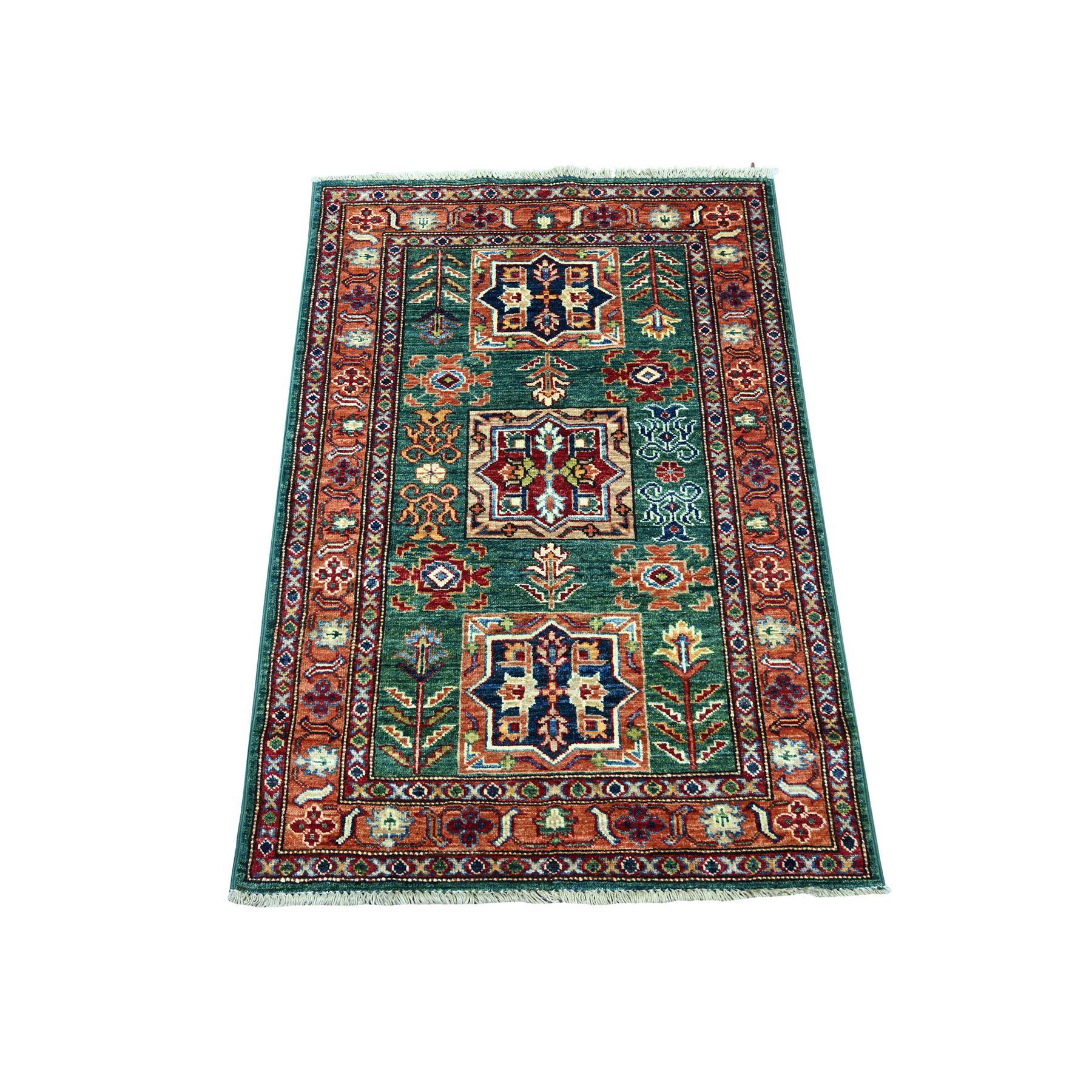 2'10"x4' Tropical Rainforest Green, Afghan Super Kazak with Geometric Medallions Design, Hand Knotted, Vegetable Dyes, Pure Wool, Sample, Mat, Oriental Rug 